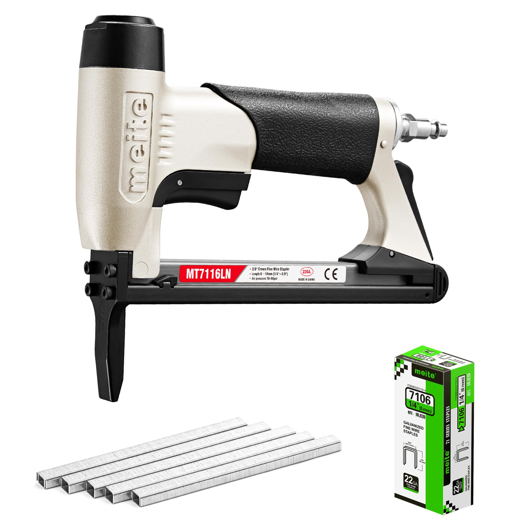 meite MT7116LN Air Staple Gun with 10000PCS Staples (6 mm), Long Nose Pneumatic Upholstery Stapler, 22GA / Type 71 Lightweight Upholstery Air Stapler for DIY, Decoration, Funiture and Woodworking