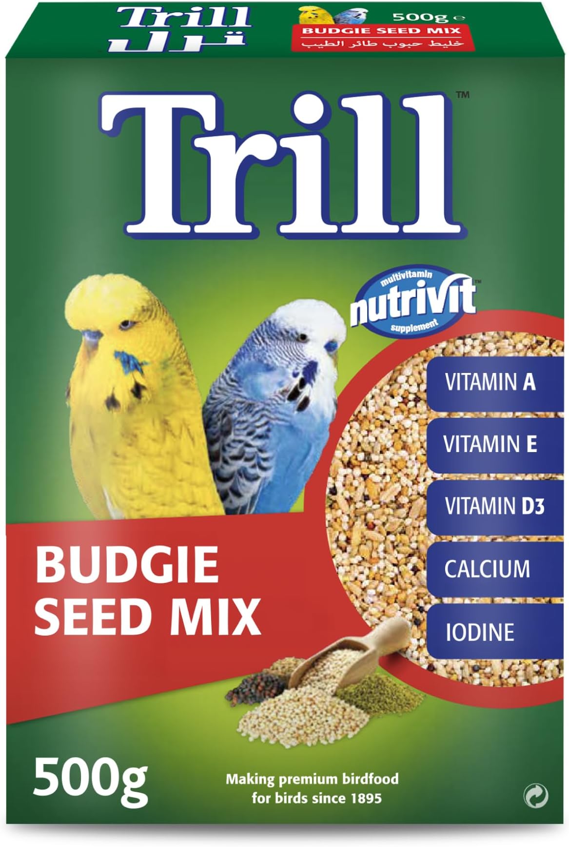 Trill Budgie Seed Mix 500g, Bird Food, Budgie Bird Seed, a Balanced Blend of Nutrivit Kibbles, Complete Nutrition Bird Food