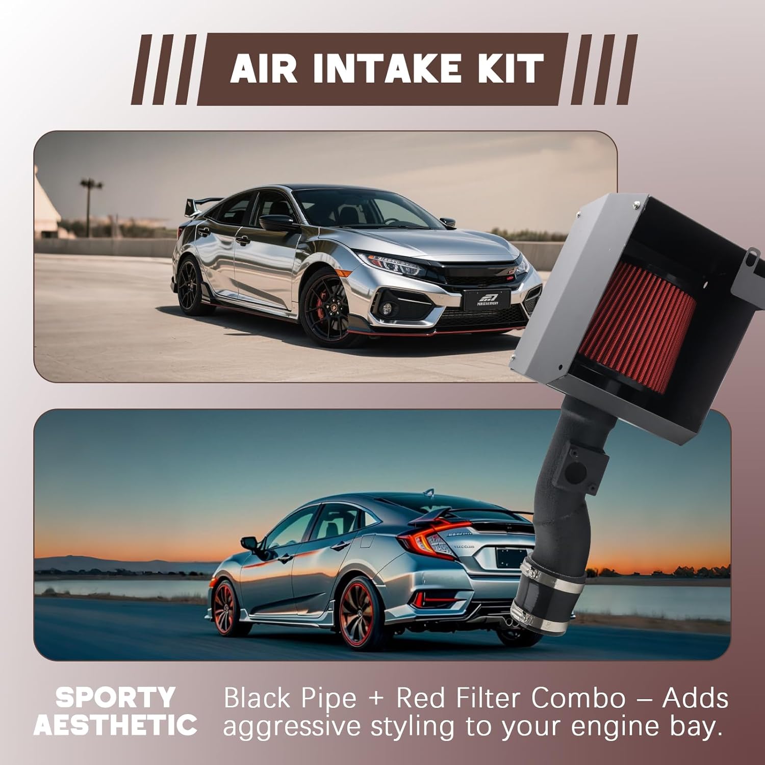 High Flow Cold Air Intake Pipe Heat Shield Kit Aluminum Short Ram Intake Compatible with Honda Civic 10th Gen 2016 2017 2018 2019 2020 1.5L Turbo Non-Si ​Engine Parts