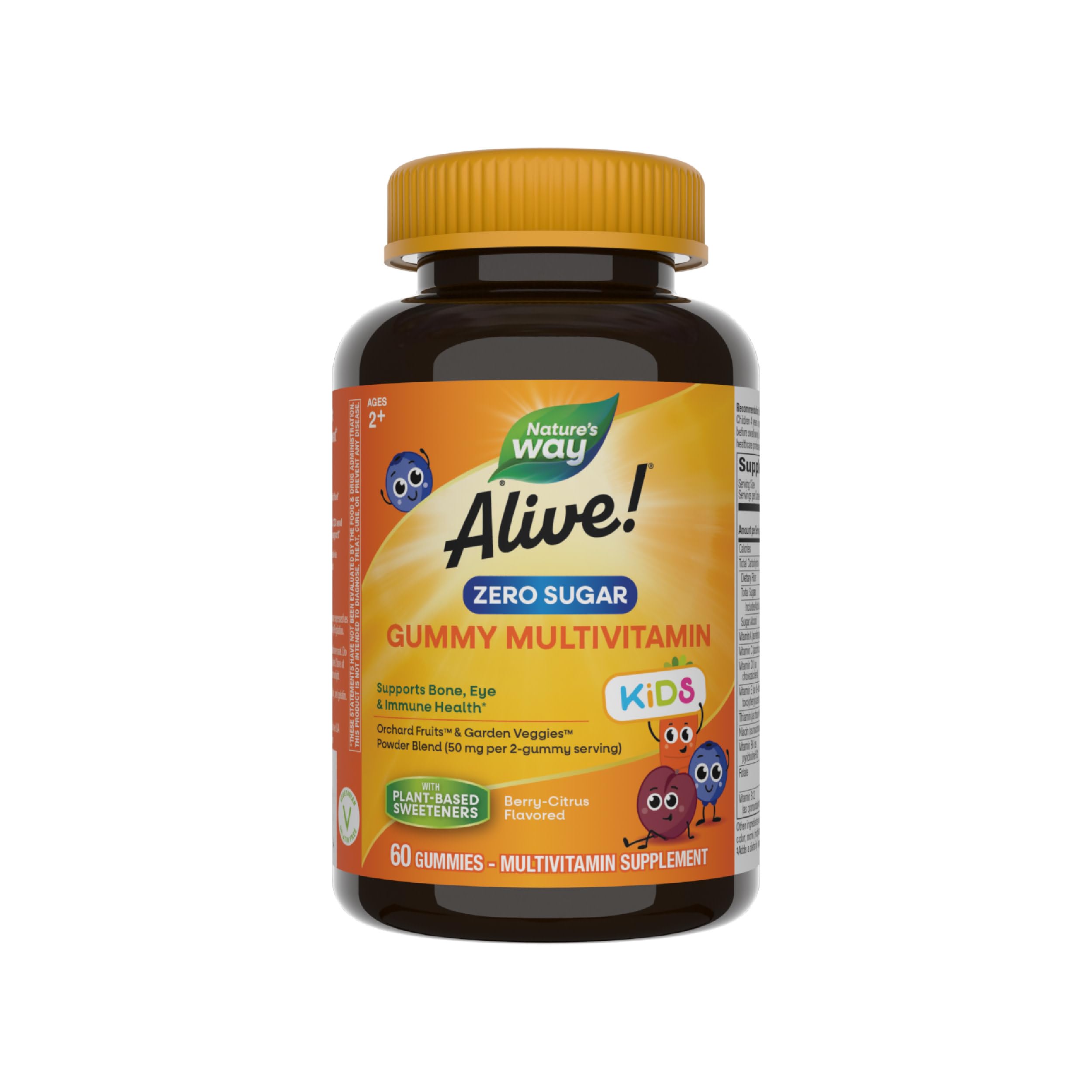 Nature's Way Alive! Kids Zero Sugar Gummy Multivitamins, Ages 2+, 60 ct | Supports Bone, Eye & Immune Health*, No Sugar Alcohols, Plant-Based Sweeteners, Berry-Citrus Flavored Gummies