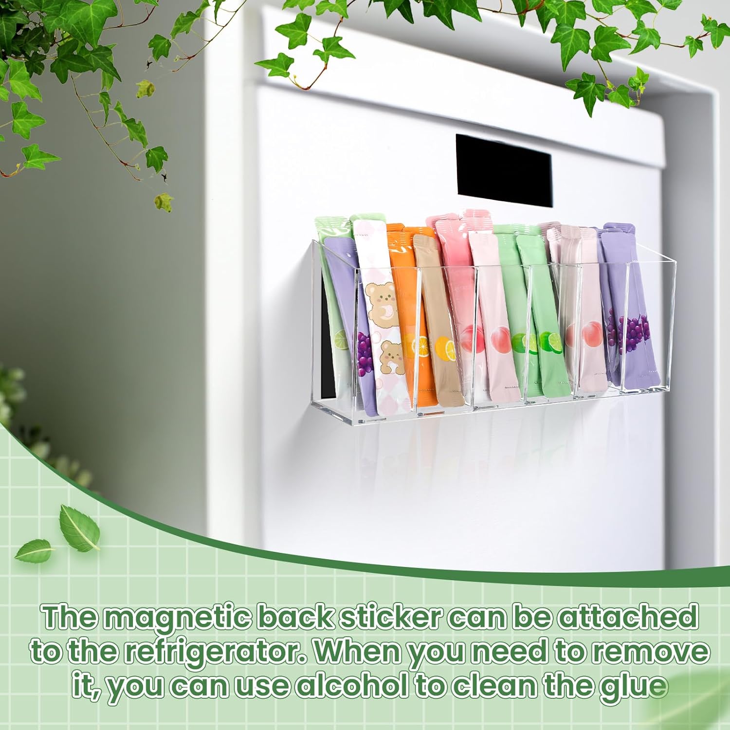 4 Pack Drink Packet Organizer with Adhesive & Magnetic Sticker and Removable Divider, Water Flavor Packet Organization Kitchen Storage Basket for Countertop Table Fridge Cabinet