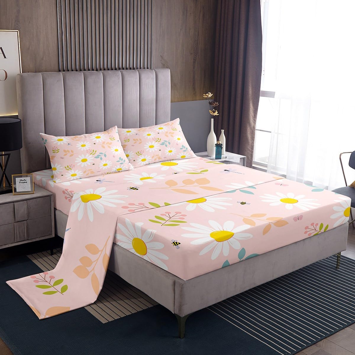 Daisy Flowers Bed Sheet Queen Set Bee Butterfly Sheets Sets Adults Bedroom Decor Spring Floral Microfiber Bedding Set with Flat,Fitted Sheet,2 Pillow Cases