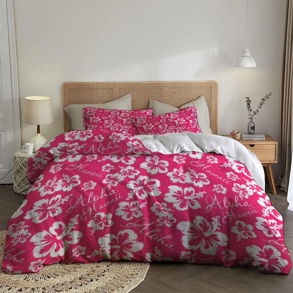 NIBAINLO 布団カバーアロハハワイトロピカルホリデーテーマ（花付き） 肌に優しい ピーチスキン加工 掛け布団カバー 和式 洋式 あったか 布団カバーセット リバーシブル ホームステイ ホテル 家庭兼用