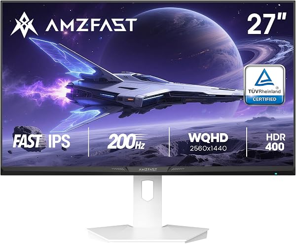 Amzfast 27 Inch Gaming Monitor, 2560 x 1440 WQHD, 200Hz, Fast IPS Panel, 1ms MPRT, Adaptive Sync, 5% DCI-P3, 130% sRGB, HDR400, HDMI2.0 & DP1.4, VESA 100 x 100 mm, TÜV Rheinland Certified, White - 1