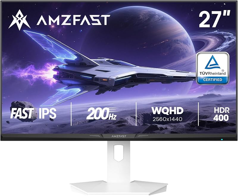 Amzfast 27 Inch Gaming Monitor, 2560 x 1440 WQHD, 200Hz, Fast IPS Panel, 1ms MPRT, Adaptive Sync, 5% DCI-P3, 130% sRGB, HDR400, HDMI2.0 & DP1.4, VESA 100 x 100 mm, TĂśV Rheinland Certified, White