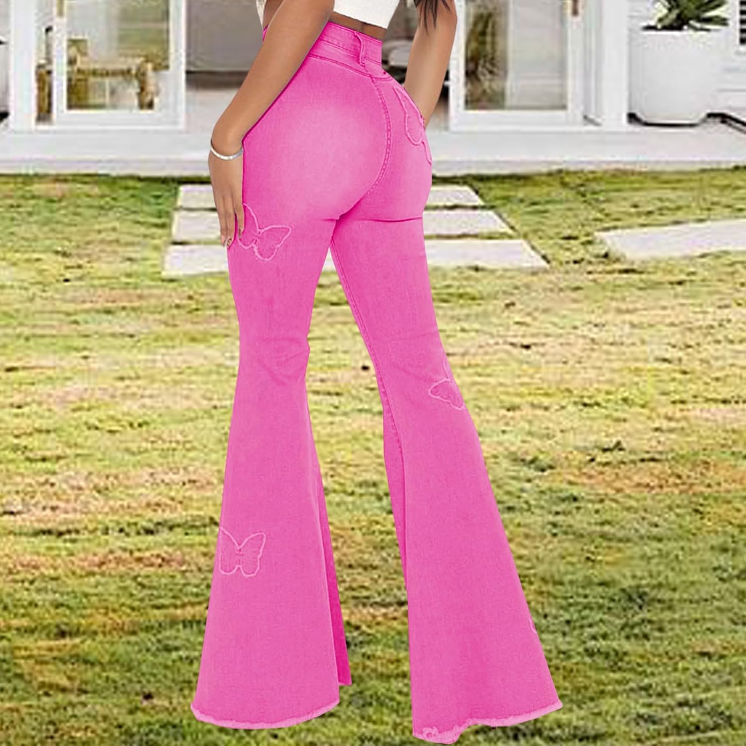 Women's Butterfly Bell Bottom Jeans Elastic High Waisted Embroidered Classic Flareed Jeans Raw Hem Denim Pants with Pocket - Image 2