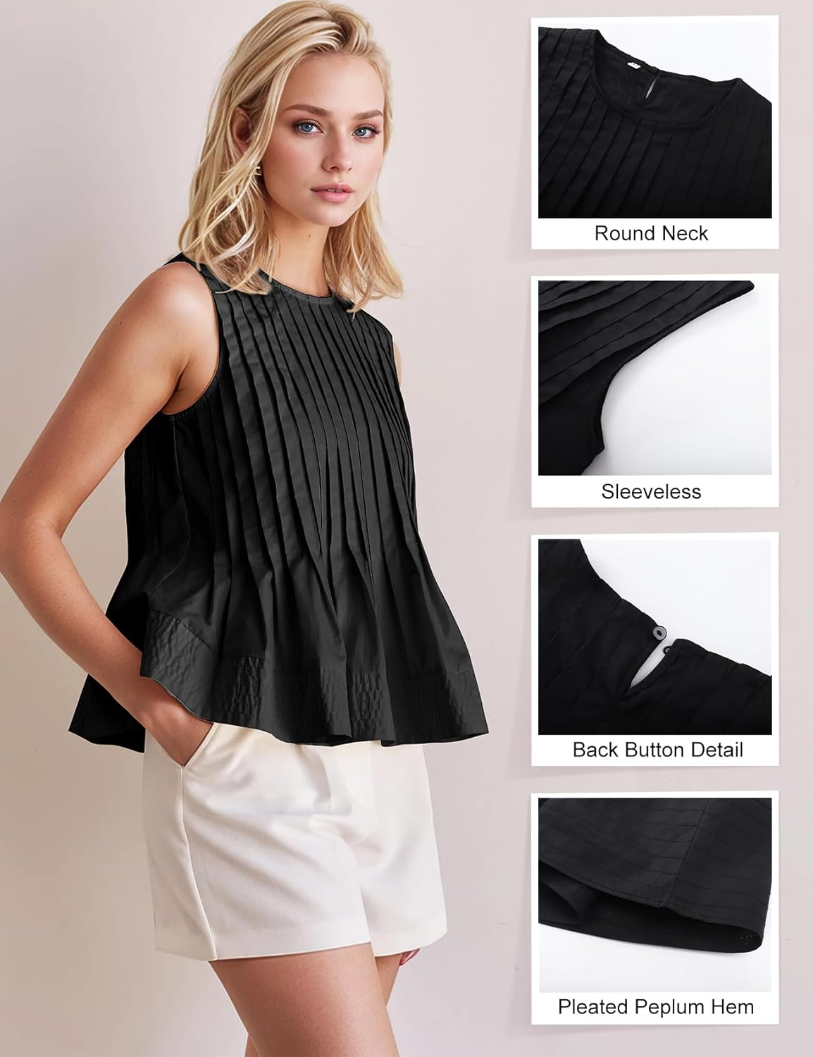PEHMEA Women's Summer Pleated Peplum Tank Tops, Cute Sleeveless Round Neck Babydoll Blouse Shirt for Casual Office Daily Wear - Image 5