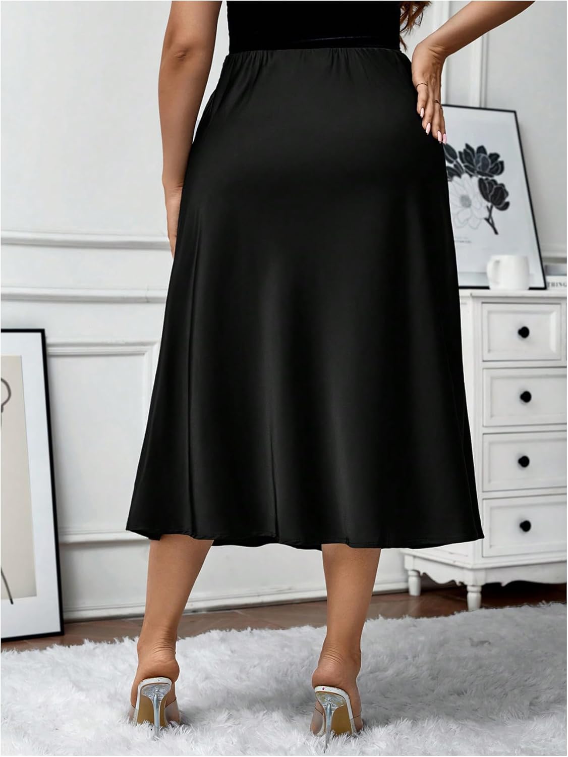 Floerns Women's Plus Size Satin Ruffle Hem Casual Skirt Silk High Waist Solid Color Party Wedding Flowy A Line Midi Skirt - Image 2