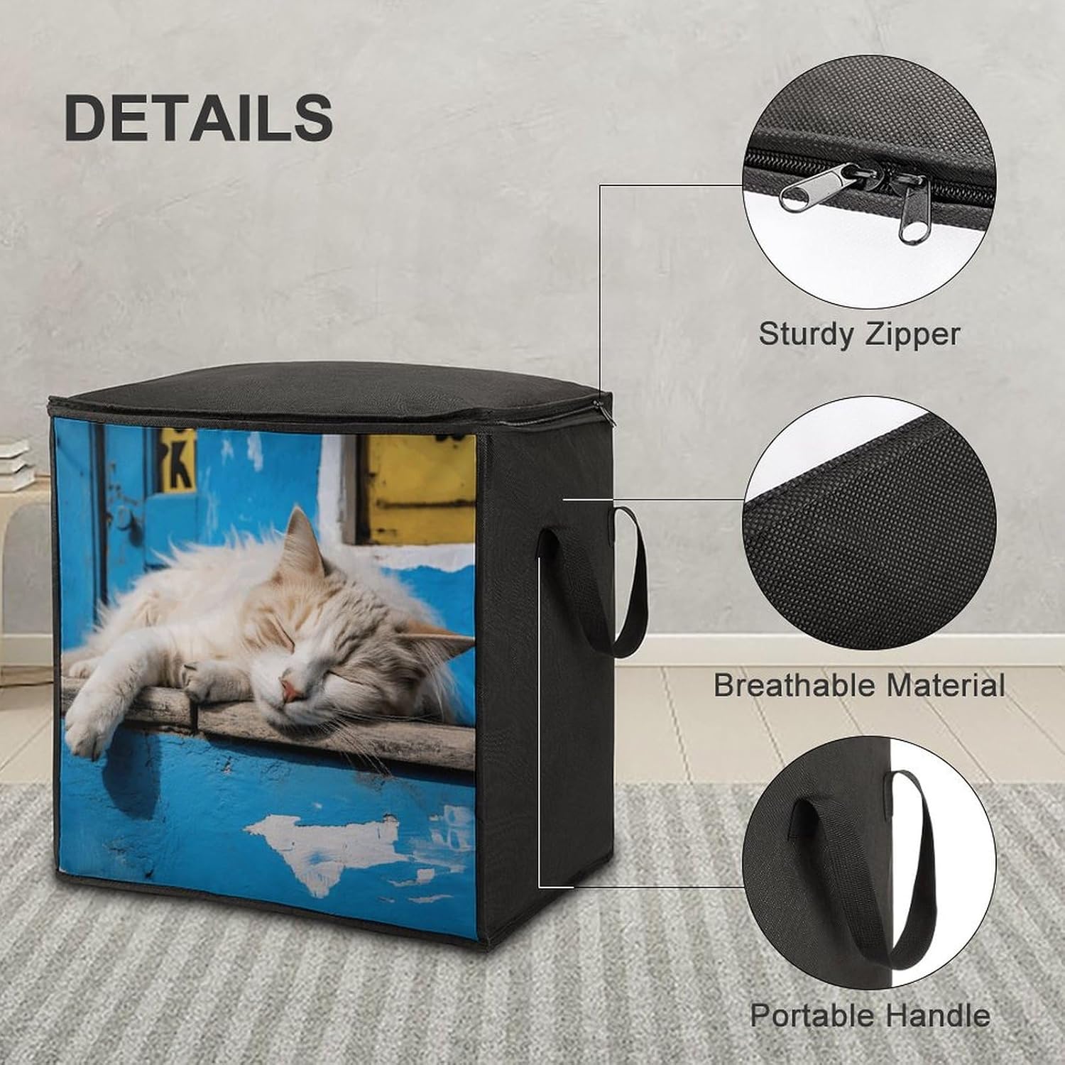 Portable Quilt Storage Bag,Sleeping Little Cat Printed Foldable Wardrobe Storage Box Foldable Storage Bag with Lids And Handle Large Clothing Storage Bag for Comforters Clothes Blankets Pillows
