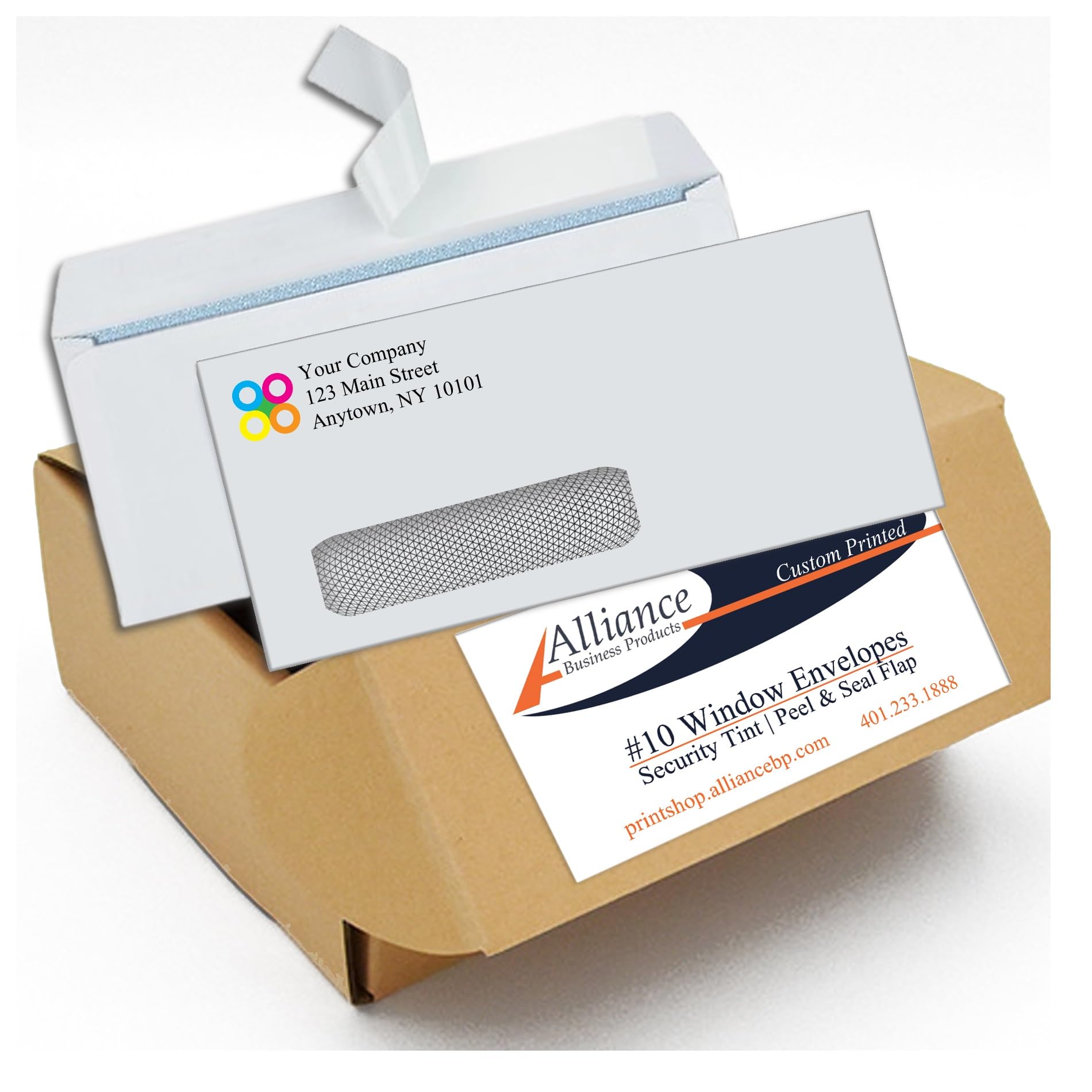 500#10 Custom Printed Single Left Window Self Seal Security Envelopes, Text and Logo Customization, Self Sealing Closure, Security Tinted, Size 4-1/8