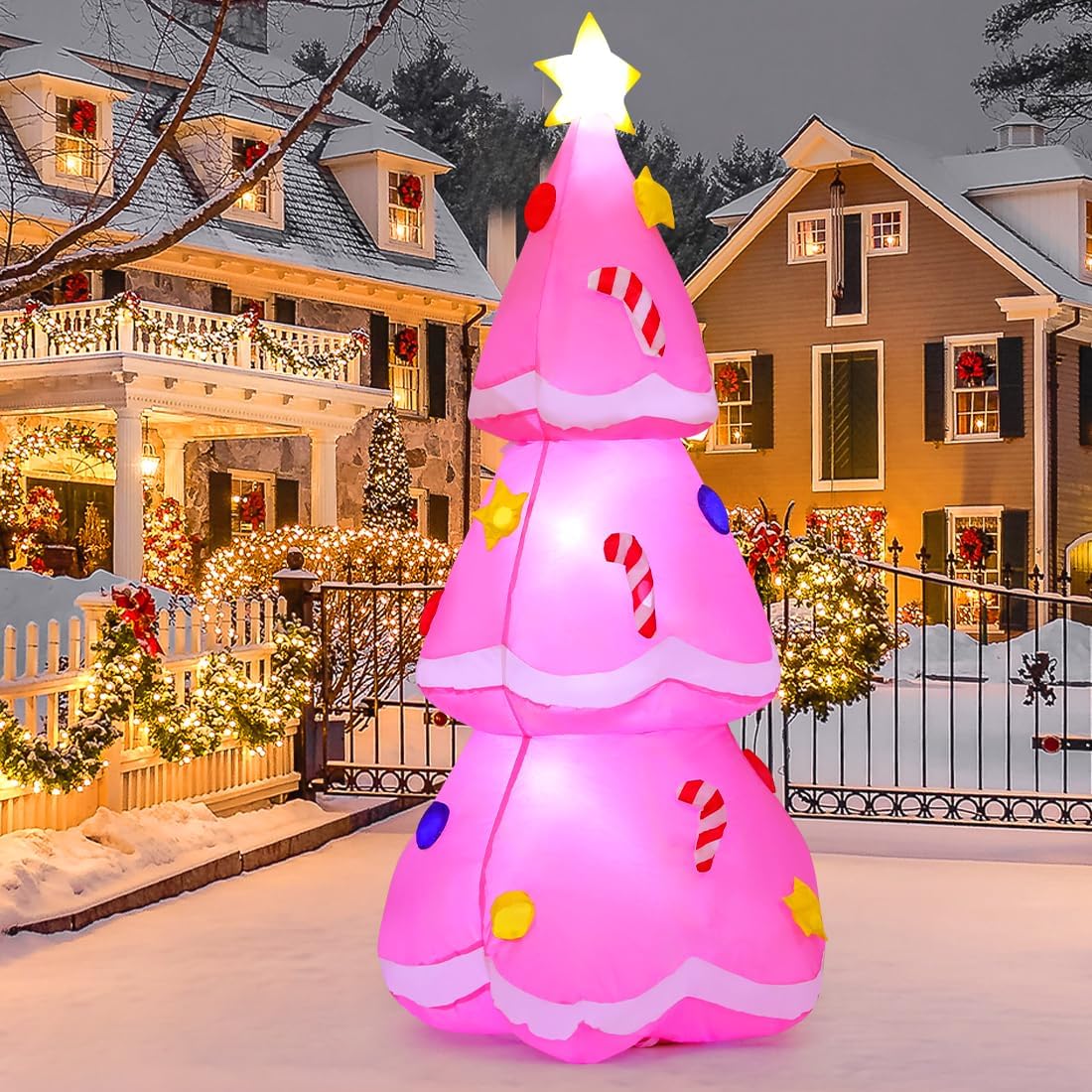 GOOSH 5 FT Christmas Inflatables Pink Tree with Built-in Music Box & LEDs Outdoor Decorations Blow Up Tree Yard Decoration for Xmas Holiday Party Indoor Garden Lawn Decor