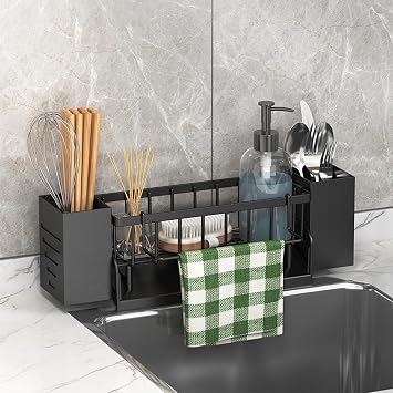 Kitchen Sink Caddy Organizer, Sponge Holder for Kitchen Sink with Drain Tray, Chopsticks Knife and Fork Tube, Self Drain Soap Sponge Caddy Rack for Kitchens Countertop Bathroom Black
