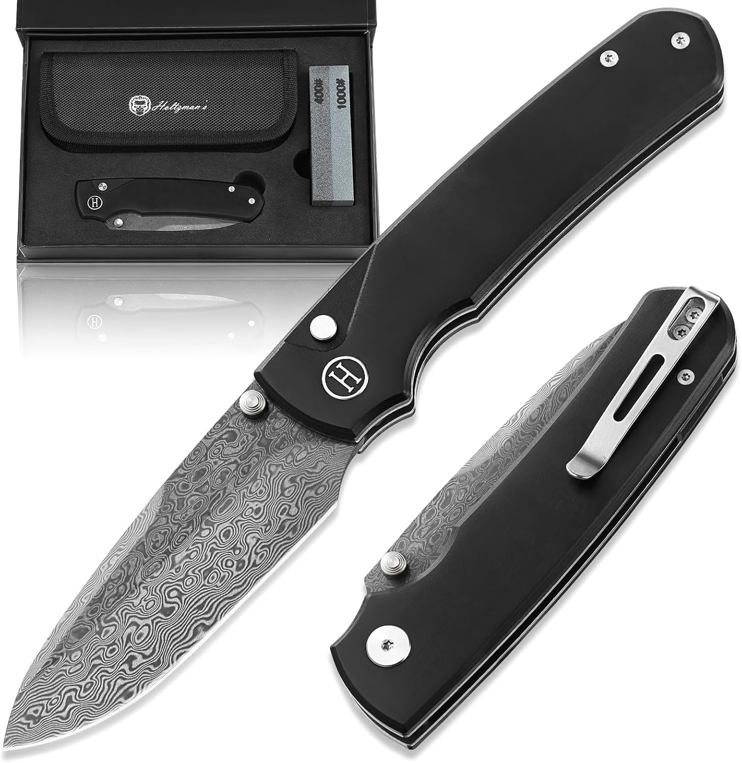 Loyalist Folding Pocket Knife with Sharpening Stone and Case (Damascus) - Ideal for Everyday Carry - Holtzman's Gorilla Survival