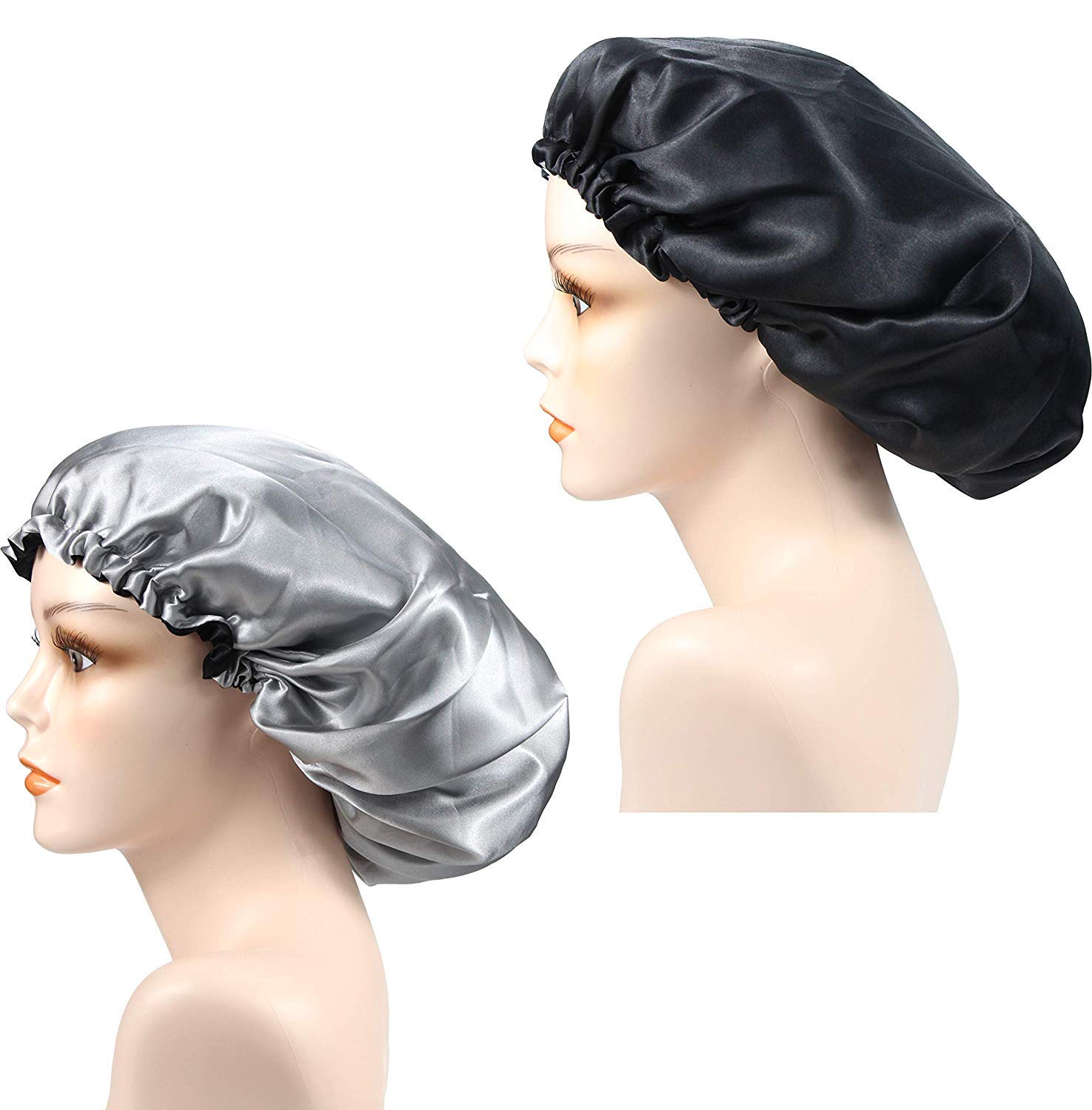 Dehman Adjustable Satin Sleep CAP Hair Bonnet Double Layered Reversible for Women Protective Sleep Hairstyles (BLACK-SILVER) 2