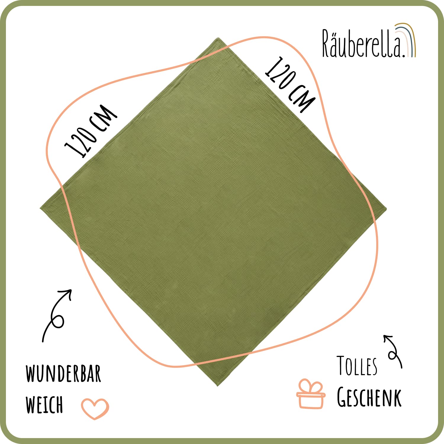 Räuberella ® Coperta originale 120 cm x 120 cm, in 100% mussola cotone biologico, regalo per la nascita per neonati (oliva)