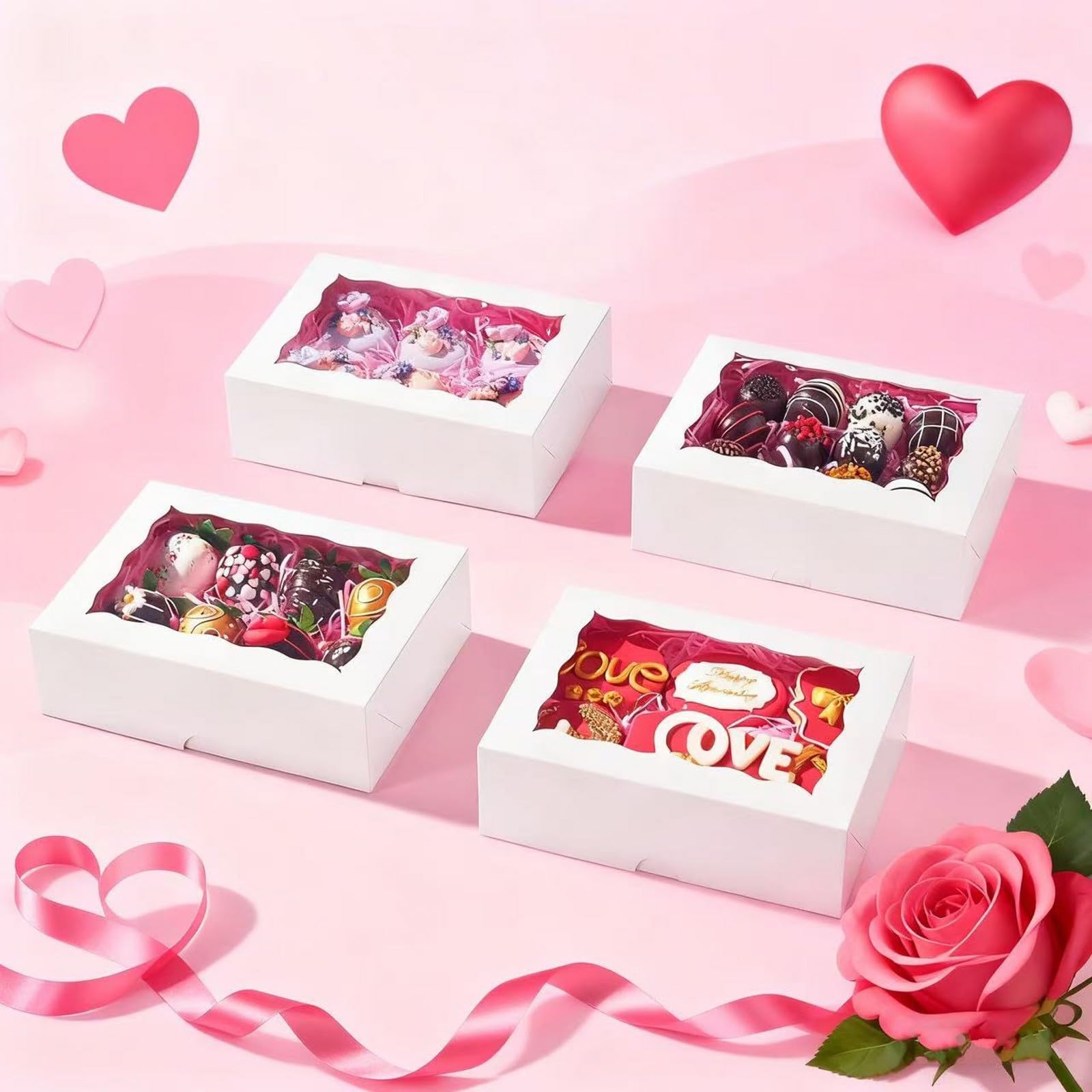 100 cajas de panadería de 8 x 5 x 2 pulgadas con ventana, perfectas para galletas, fresas cubiertas de chocolate, macarrones y más, estilo simple