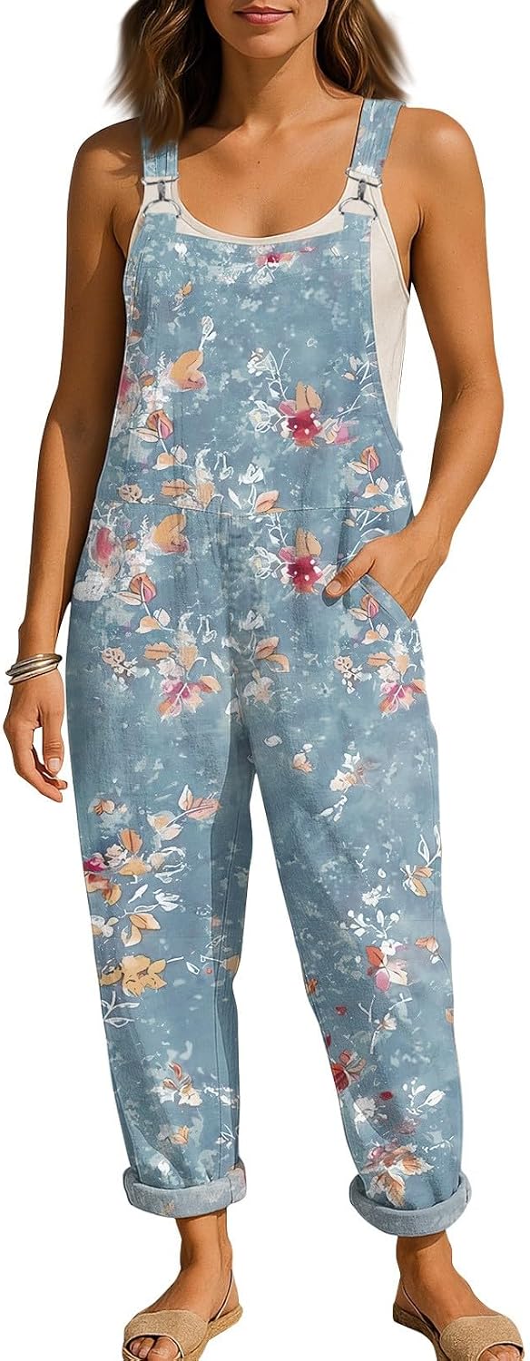Women's Overalls Adjustable Strap Loose Casual Wide Leg Pants Plaid Print Sleeveless Jumpsuit with Pockets