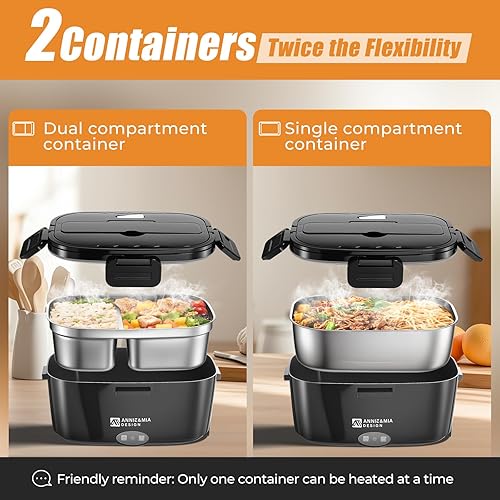Miniatura 4 de Annie & Mia Design Fiambrera eléctrica para adultos, 80 W 1.5 L, contenedor doble, calentador de alimentos portátil, lonchera térmica, hogar,