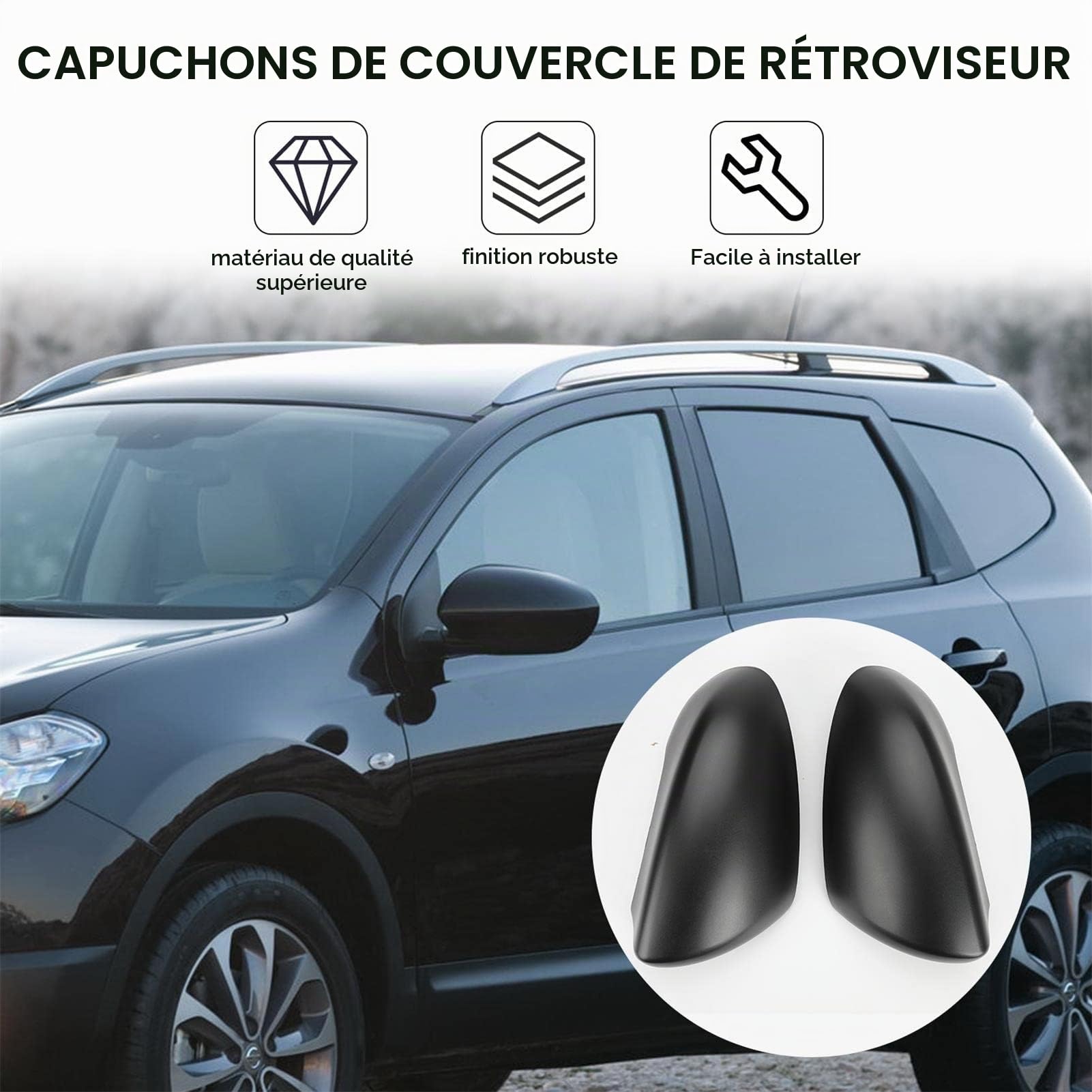 Paire de coques de rétroviseurs de remplacement pour Nissan Qashqai 2007-2014 Capuchon de boîtier de rétroviseur gauche et droit (Le noir) | Couvercle de Rétroviseur Gauche & Droit