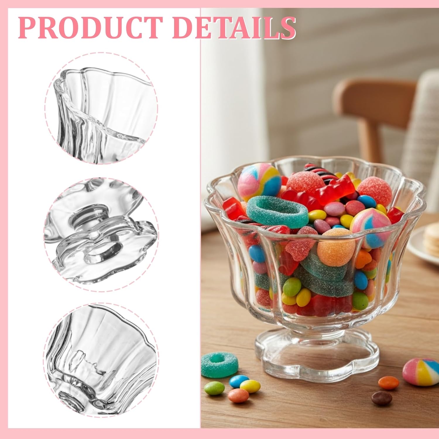 Peohud 6 Pack Glass Dessert Bowls, 8 Oz Vintage Footed Ice Cream Cups for Sundae, Sorbet, Yogurt, Pudding, Fruit, Snack, Parfait, Party, Holiday Serving, Home, Kitchen, Flower Petal Style - Image 3