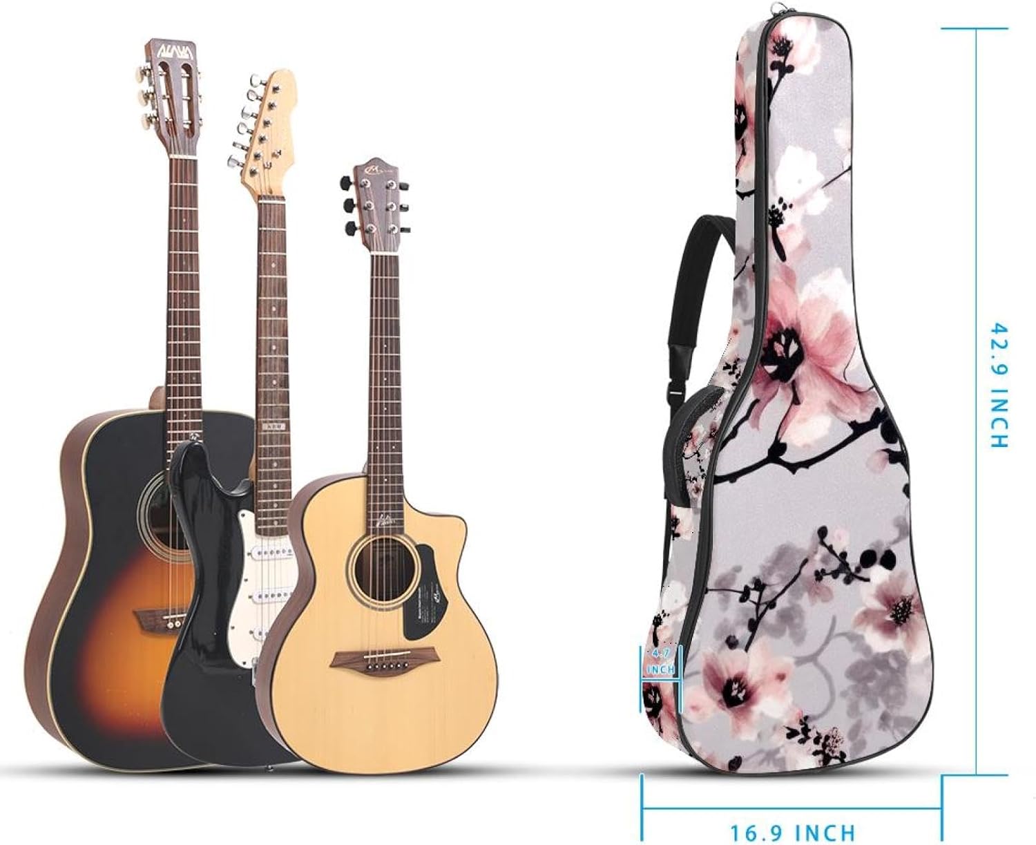 40/41/42-inch Pink Cherry Blossoms Acoustic Guitar Bag With Adjustable Shoulder Strap And 2 Storage Bags. Guitar Bag With Back Hanging Loop, Electric, and Classical Guitars