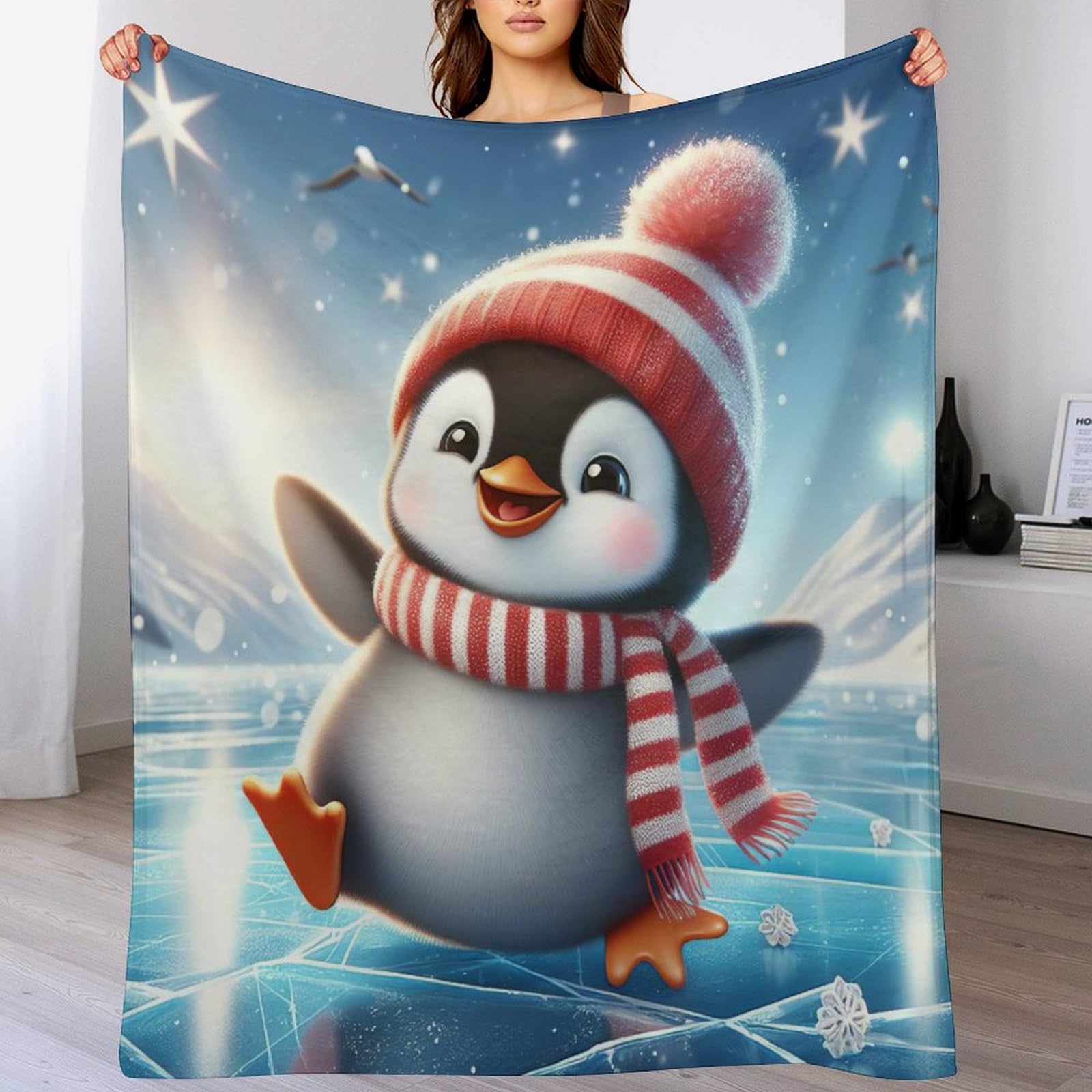 Couverture polaire pingouin douce en flannel 100x130 cm pour lit
