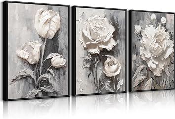 KUCGONHOS 3Pcs Black and White Floral Wall Art White Modern Elegant Flowers Wall Decor Prints Abstract Blooming Floral Painting Posters Pictures for Living Room Bedroom Home 16x24in Unframed Poster