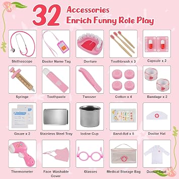Sundaymot Doctors Set for Kids, 32 pcs Toy Doctors Kit with Stethoscope, Toddler Medical Play Set Role Play Dress Up Costume, Medical Carry Case for Boys Girls 3+ Years