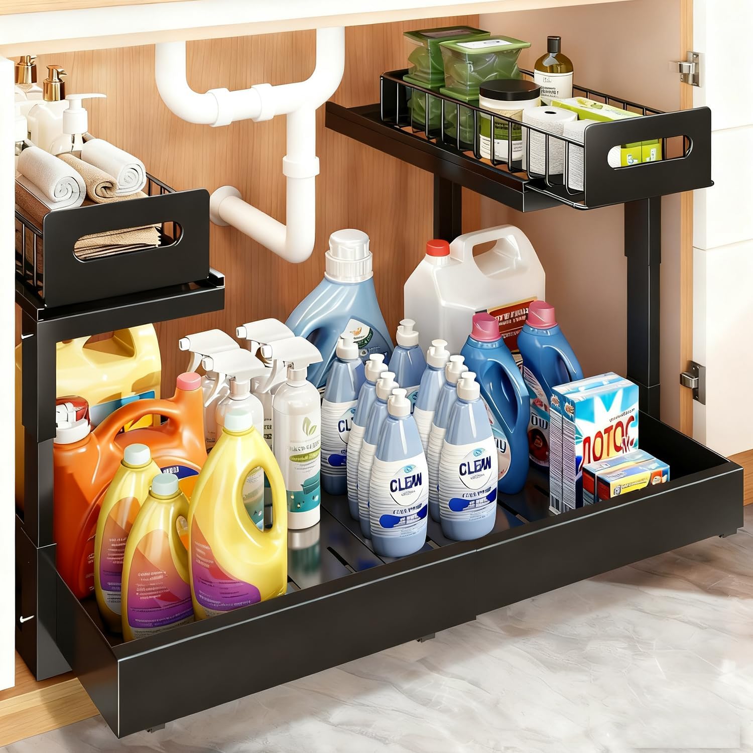 Buwico Expandable under cabinet organizer, 2-Tier under sink organizer with Reinforced Ball-Bearing slide rail, Slide-Out sink Shelf Height Adjustable, Durable and rust-proof for Kitchen & Bathroom