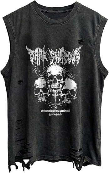 RoseSeek Men's Goth Skull Ripped Washed Tank Tops Crew Neck Sleeveless Tank Shirt Summer Tops Streetwear