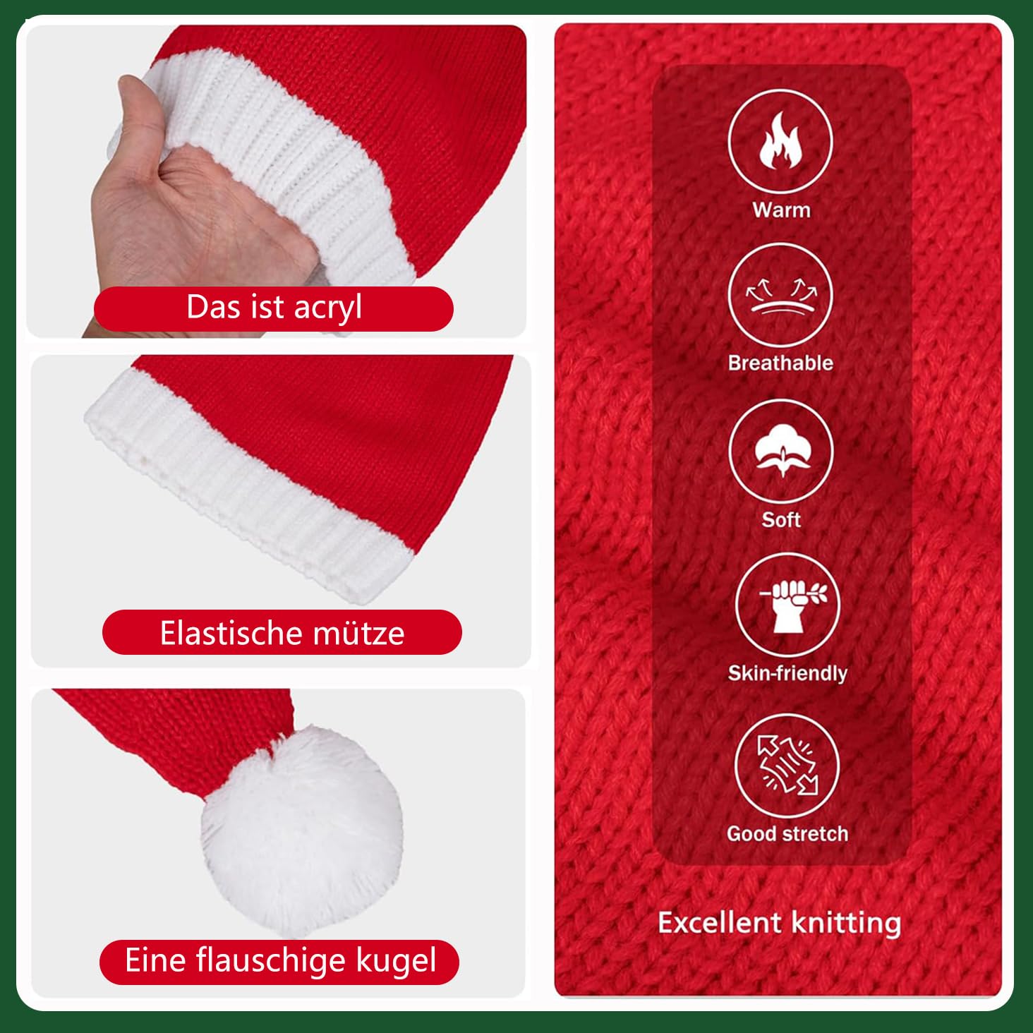 Weihnachtsmütze Rot Nikolausmütze Gestrickt für Erwachsene