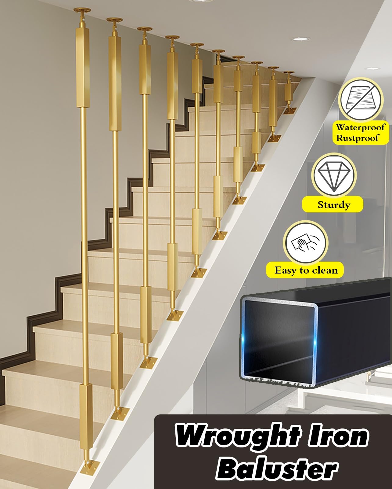 Poteau de rampe d'escalier rond doré – Colonne d'intérieur pour plafond et sol – Poteau décoratif pour sécurité d'escalier et protection contre les chutes (H 40 cm)