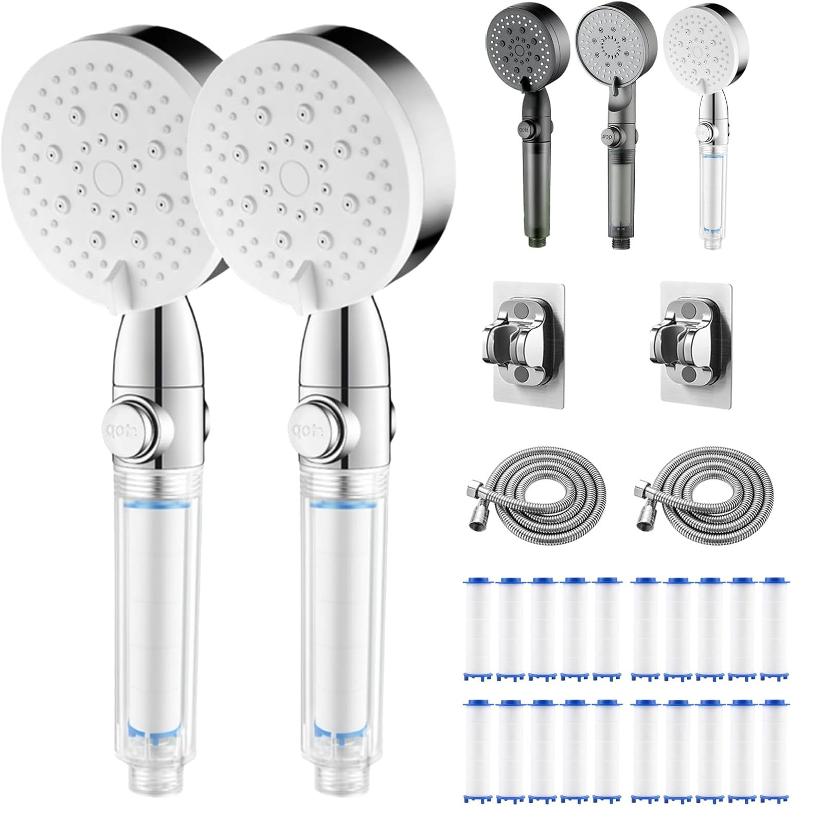 HydroBoost High Pressure 5 - Mode Filtered Shower Head, Universal G1/2” Connector, Filtered Shower Head with Handheld, Built-in Power Wash for Hard Water, Tool-Free Installation (White *2)