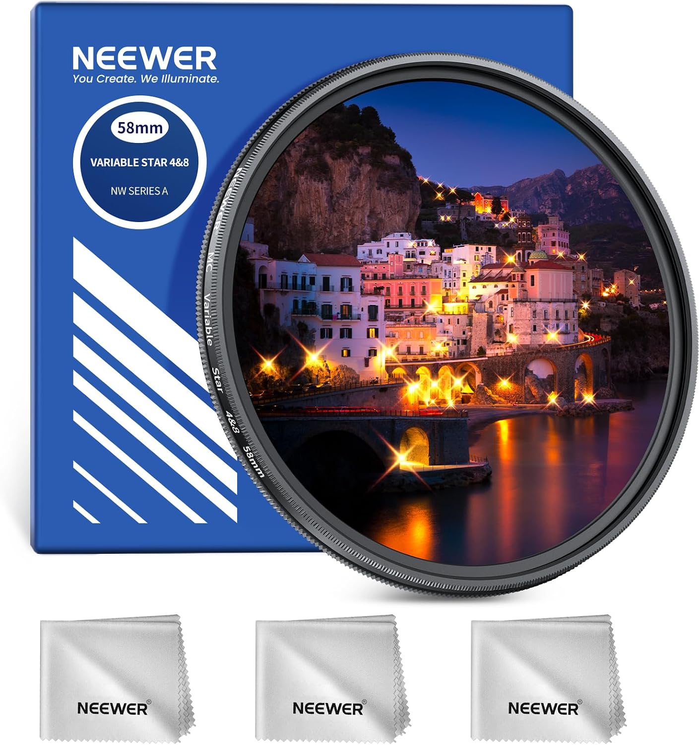 NEEWER 58mm Adjustable Star Filter 4/8 Point, Multicoated Rotatable Cross Screen Starlight Starburst Camera Lens Filter, Slim Metal Frame & 3x Cleaning Cloth for Night Photography Jewelry Architecture