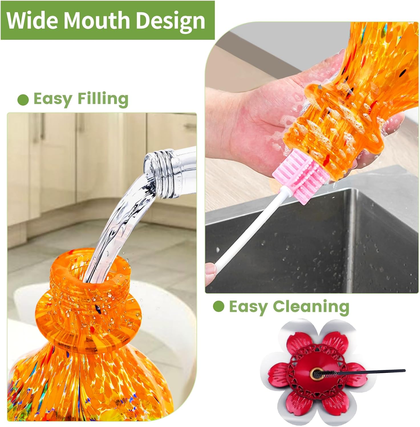 Hummingbird Feeder, BOLITE Glass Hummingbird Feeders for Outdoors Hanging, Hand Blown Twisted with Ant Moat, 5 Bee-Proof Ports, 360° Perch, Leak-Proof, 24oz, Orange, Gifts for Mom Dad Women Men