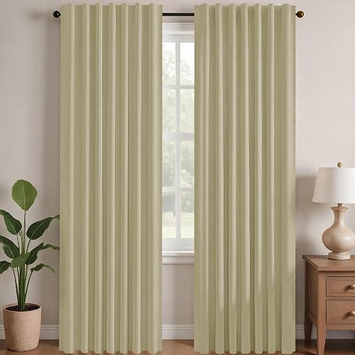 Deconovo Blackout Curtains for Bedroom, Living Room Curtains 63 Inches Long | Back Tab and Rod Pocket Drapes, Thermal Insulated, Room Darkening, Noise Reducing, Window Panels, Beige, 52 x 63 Inch