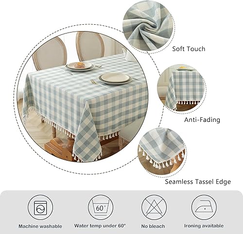 Miniatura 4 de Laolitou Mantel rectangular lavable a cuadros con borlas, algodón y lino, para picnic, cocina, comedor, azul, 70 pulgadas