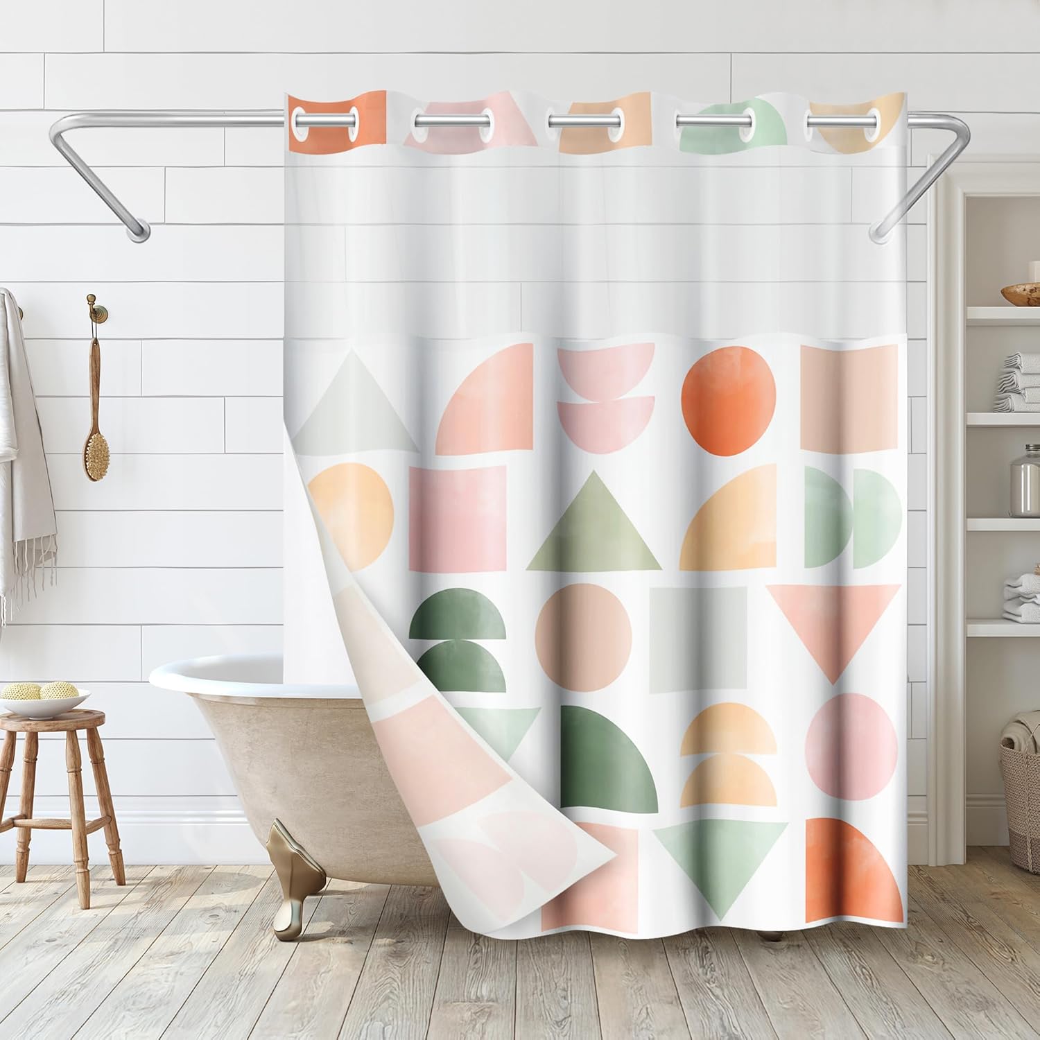 Americanflat 72x75 Hookless Shower Curtain - Water-Resistant Geometric Pastel Shower Curtain with Sheer Panel, Snap-in Liner, and Grommets - 100% Polyester - Peach, Green, Pink, Yellow & White