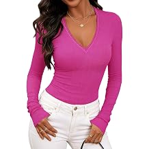 Prettywear Sexy Deep V Neck Long Sleeve Shirts for Women Ribbed Going Out Tops Fitted Casual Basic 2026 Spring Summer Clothes