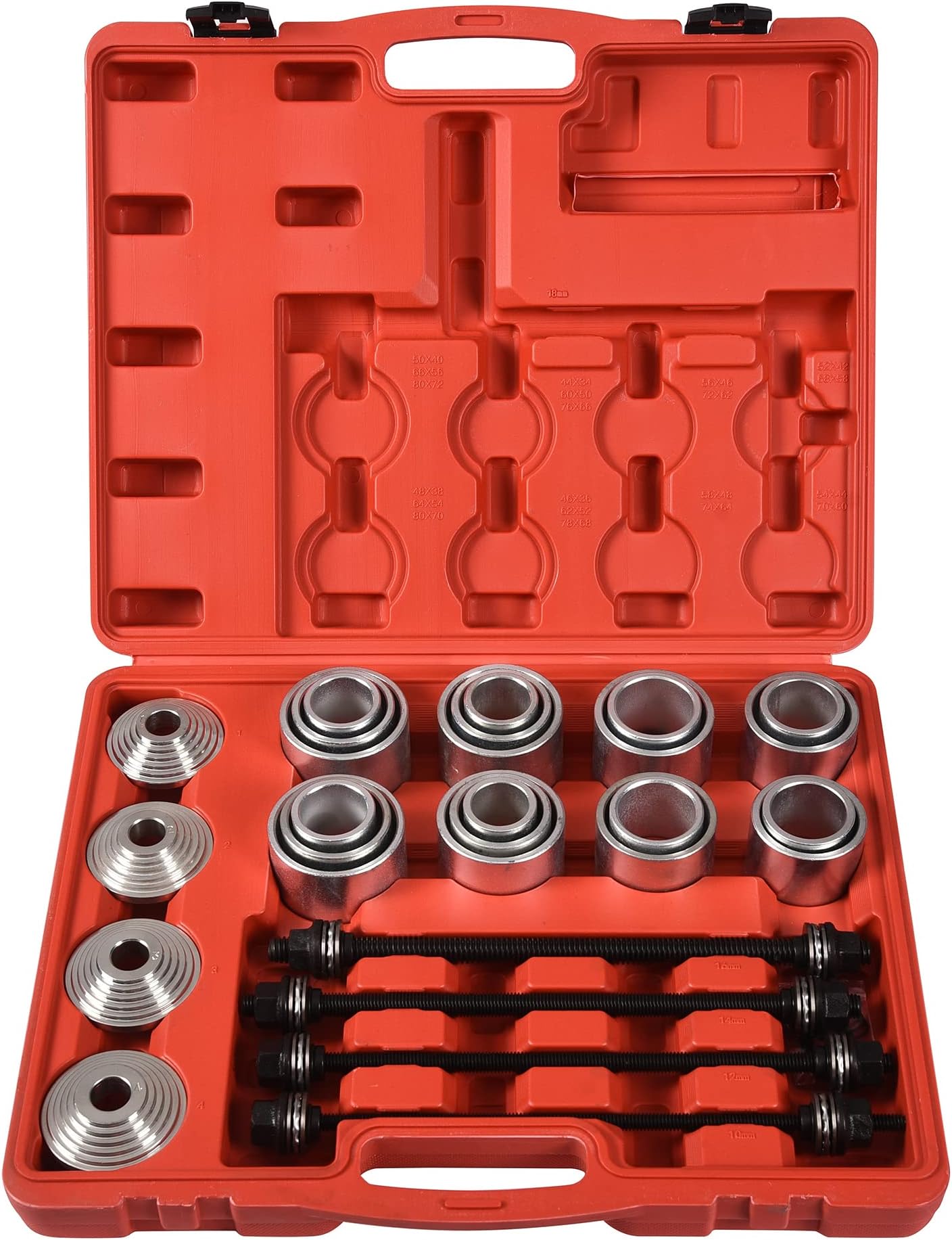 DHA 28pcs Universal Press and Pull Sleeve Kit - Professional Bushing, Bearing, Seal Removal & Installation Tool Set - Suspension Bush Puller Kit with 20 Sleeves & 4 Spindles for Cars and LCVs