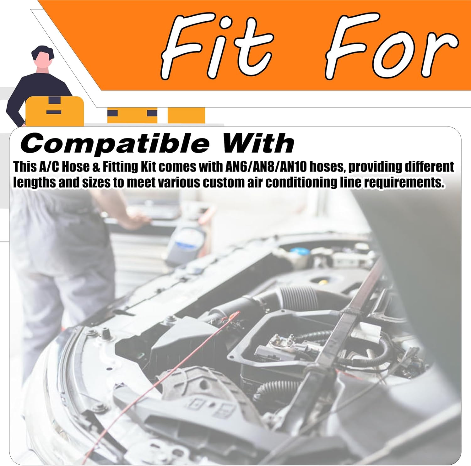 A/C Hose and Fitting Kit, Complete Set with AN6/AN8/AN10 Hoses, Straight and 90° Fittings, O-Rings, Band Clamps, Grommets for Custom Air Conditioning Lines