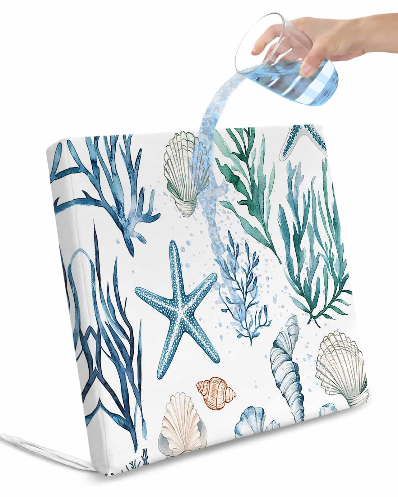 2 Pack Summer Coastal Waterproof Cushion Covers with Ties, Outdoor Patio Chaise Lounge Chair Seat Cushion Slip Covers Replacement(Only Cover) Ocean Watercolor Starfish Shell Seaweed 22