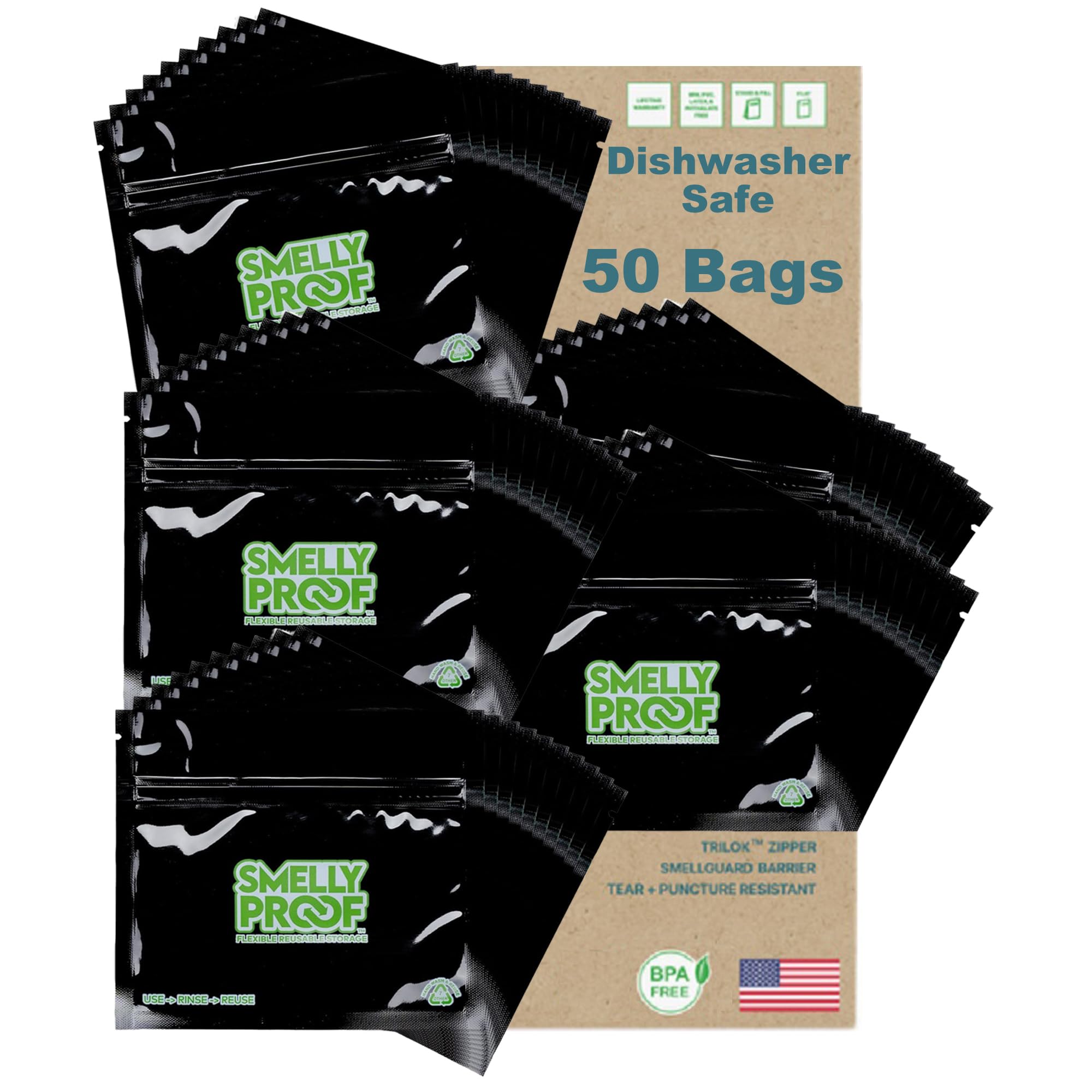 Smelly Proof Reusable Food Storage Bags, Reusable Sandwich Bags, Reusable Freezer Bags, Black 4-Mil Thick, Heavy Duty, US-Made Non-Silicone, BPA Free,