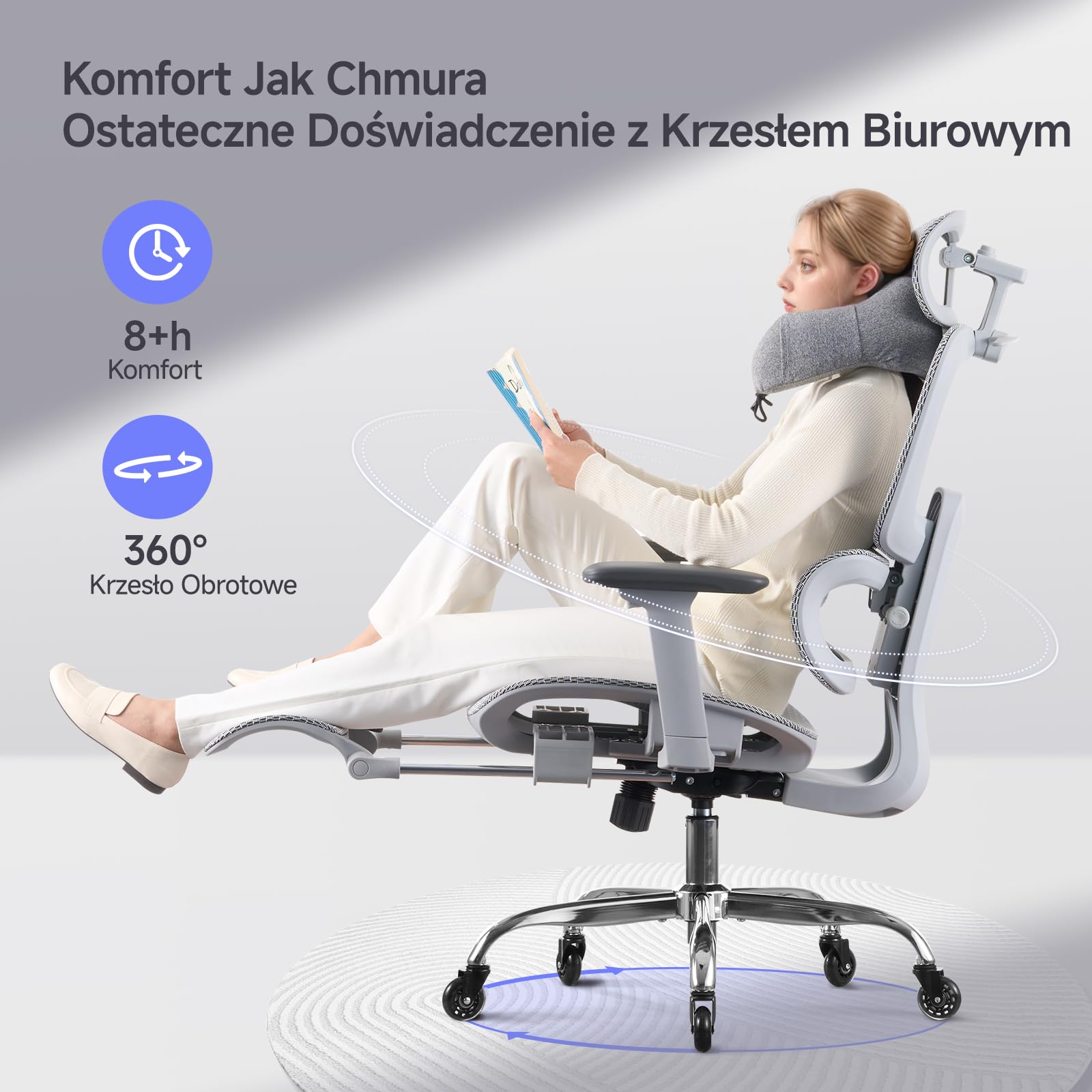 LarkLeaves Ergonomiczny Fotel Biurowy z Podnóżkiem Szary L10 Pro | Zagłówek 3D z wieszakiem, lędźwie 2D, podłokietniki 3D, oparcie 5-stopniowe, odchylenie 145 st., siatka, gumowe kółka