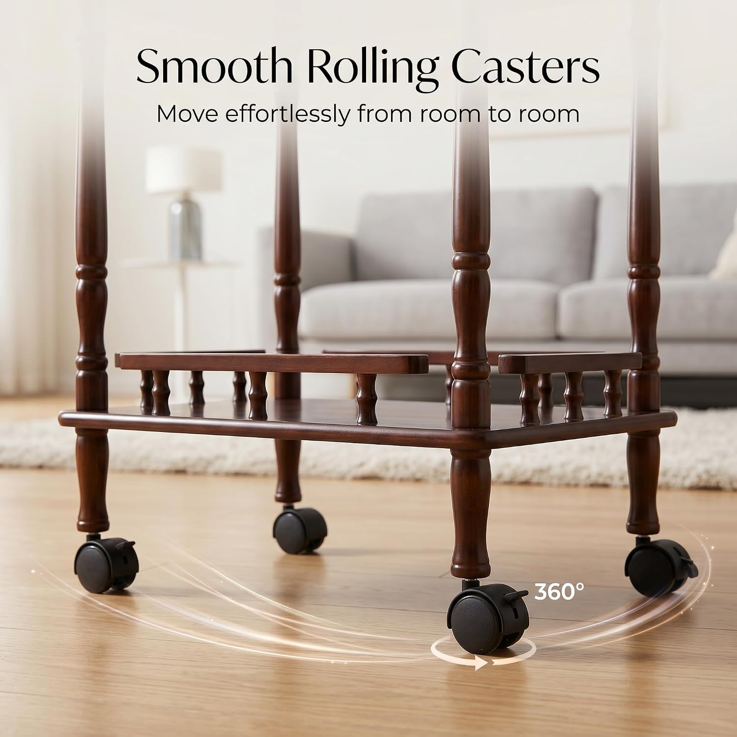 Small Rolling Cart Wood Side Table 2 Tier Kitchen Storage Trolley Compact Serving Cart for Narrow Spaces Sofa Couch Bedside Dark Brown