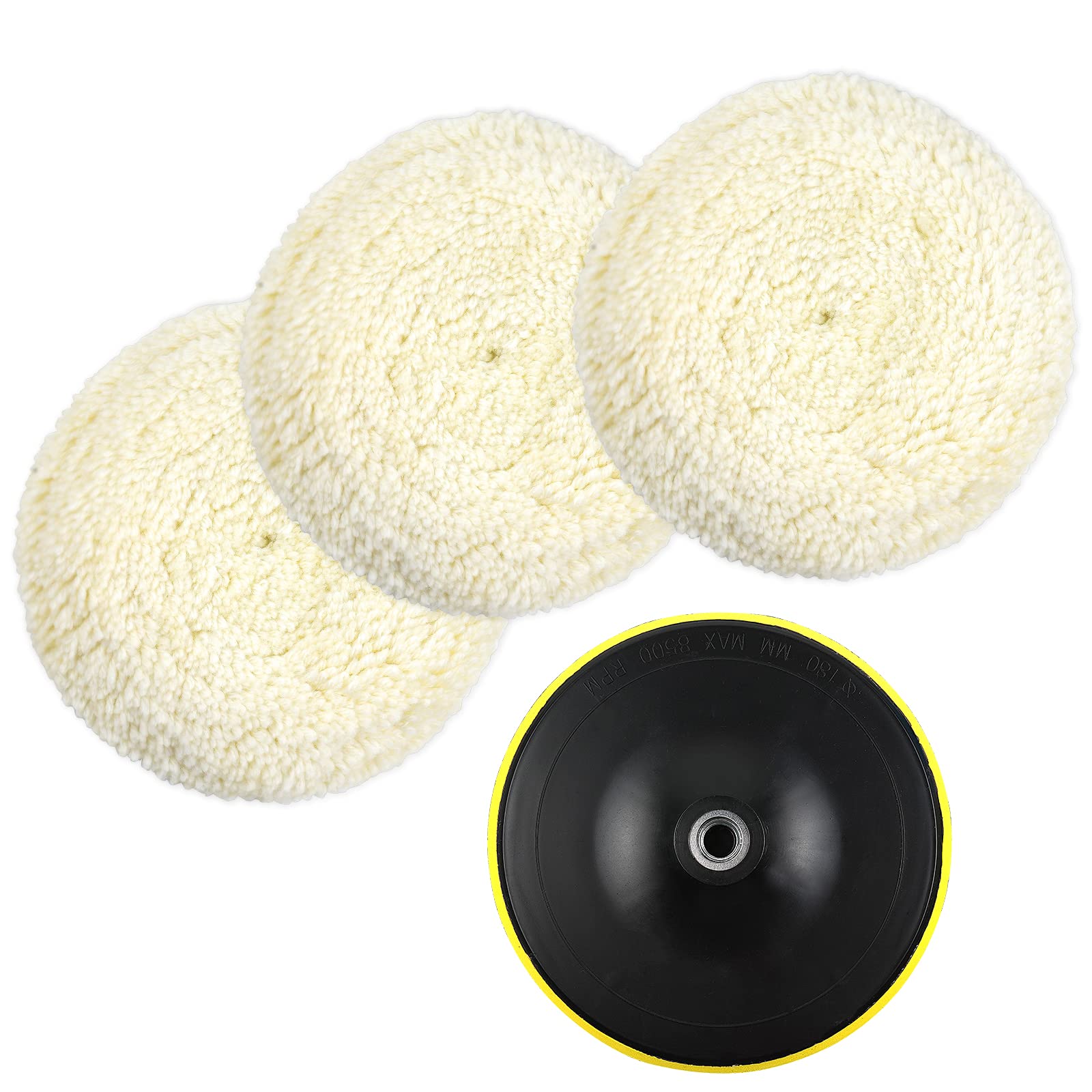 OTUAYAUTO - Cuscinetto per lucidatura in lana, 3 pezzi da 230 mm, 100% lana e 1 piastra di supporto per lucidatrice da 5/8-11