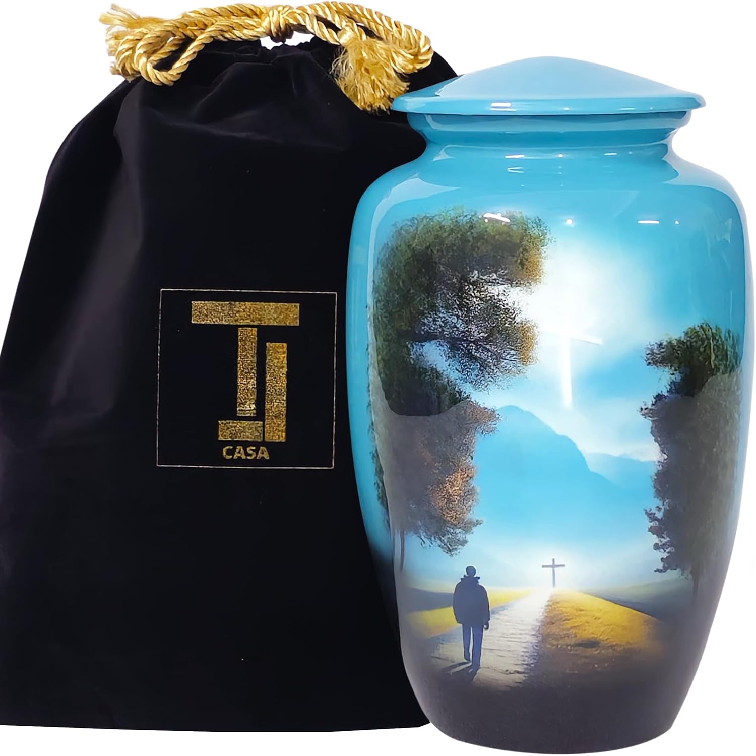 Cremation Urn for Human Ashes Adult Male & Female - Decorative Funeral Burial Urn for Women & Men - Memorial Keepsake Urns (Towards The Heaven Design, Blue, Standard Size)