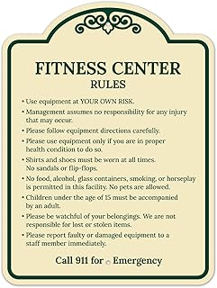 Fitness Center Rules Use Equipment at Your Own Risk Décor Sign, Green Light, 18x24 Inches, ACM, Fade Resistant, Made in USA