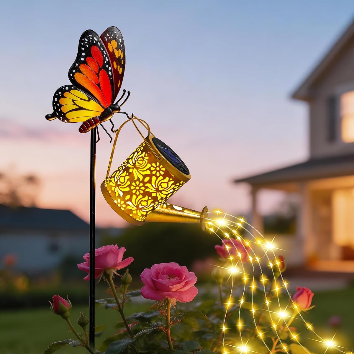 Solar Garden Lights Outdoor Decor, Butterfly Watering Can Lights for Yard | Butterfly Garden Stakes with Cascading Fairy Lights, Waterproof Watering Can Decor for Patio, Lawn, Porch and Gifts for Mom