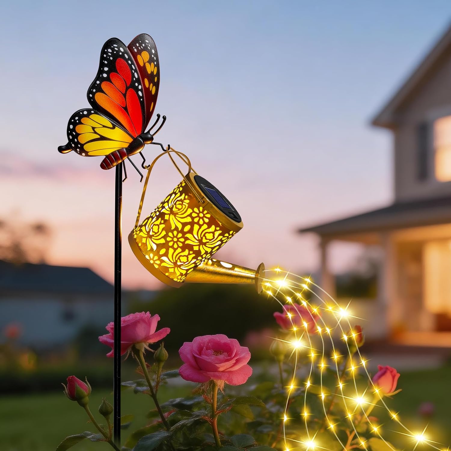 Solar Lights Garden Decor, Waterproof Solar Watering Can with Butterfly Garden Stakes, Outdoor Light with Cascading Lights for Outside Patio Lawn Porch, Birthday Gift for Women